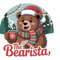 cozy bear with coffee mug, knitted scarf and hat, winter night lights, warm beverage mascot, charming vector