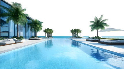Luxury poolside escape beckons with clear blue water and swaying palms, promising relaxation and tropical vibes for high-end travel promotions,isolated on white background.
