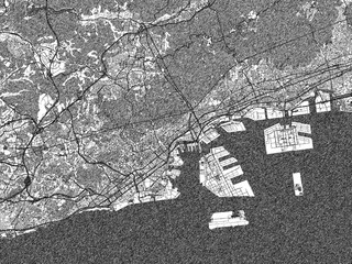 Fototapeta premium Stylized black and white urban map of Kobe, Japan, hand-drawn style for decor and creative use.