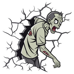 Cartoon zombie breaking through cracked wall monster