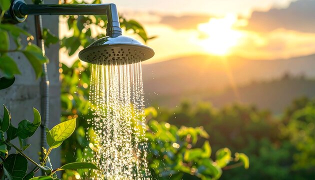Outdoor showerhead with water streaming against a vibrant sunset backdrop