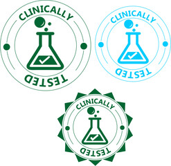 A set of three 'Clinically Tested' vector icons or badges in green and blue, featuring a laboratory flask with a checkmark.