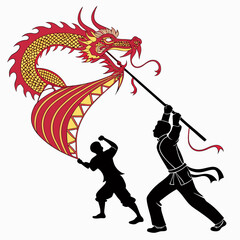 Fototapeta premium Chinese dragon dance silhouette with two performers