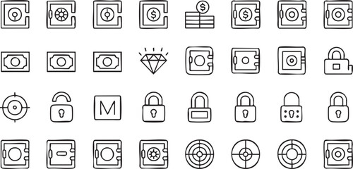 Finance security vector icons collection with safes locks cash and privacy protection illustrations