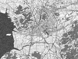 Naklejka premium Stylized decorative city map of Kumamoto, Japan, hand-drawn in black and white.
