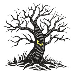 Obraz premium Creepy black tree with glowing yellow eyes and bare branches