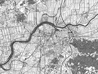 Hand-drawn style black and white city map of Kurume, Japan, ready for wall art or editorial projects.
