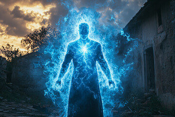 A mysterious figure radiates an electrifying blue glow against a dramatic sky, evoking a sense of power and otherworldliness in a deserted setting.