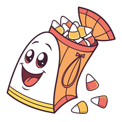 Cute cartoon candy bag overflowing with candy corn