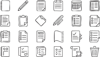 Notebook vector line icons set with paper notes checklist and writing organization elements