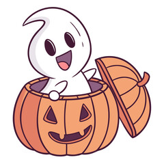 Cute cartoon ghost popping out of a jack o lantern