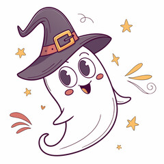 Cute cartoon ghost wearing a witch hat and smiling