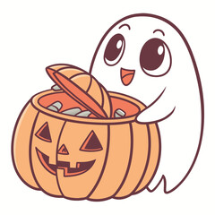 Cute cartoon ghost reaching into a jack o lantern candy bucket