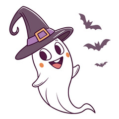 Cute cartoon ghost wearing witch hat with bats halloween 1