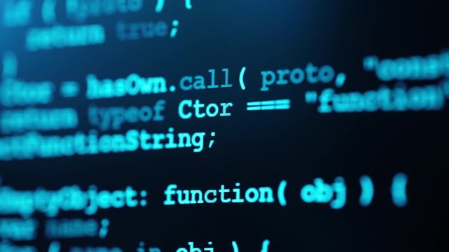Close up of computer monitor screen with blue programming code, hacker background, software development, cyber security, coding technologies and digital innovation concept
