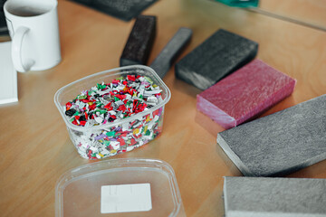 Colorful Recycled Plastic Fragments and Processed Material Samples