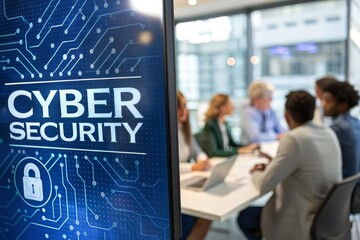 Cybersecurity presentation at professional business meeting with diverse team discussing data protection and digital safety in modern office setting