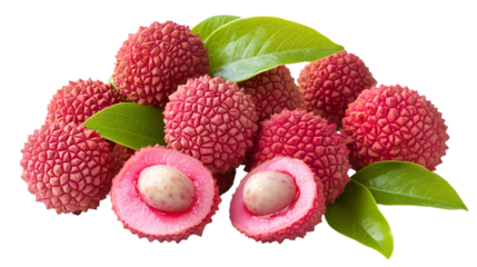 Vibrant, juicy lychee fruits with fresh green leaves offer a taste of tropical sweetness and exotic delight, perfect for culinary inspiration and healthy eating,isolated on white background.