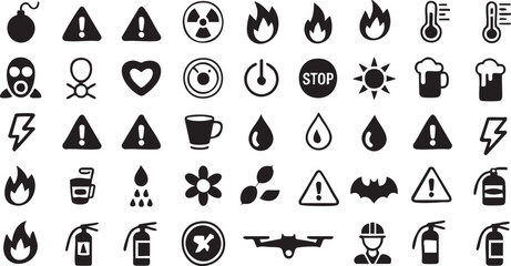 Warning vector silhouette icons set with hazard danger safety and emergency protective symbols