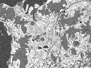 Illustrated city map of Mitoyo, Japan, in black and white, showing roads and textures.