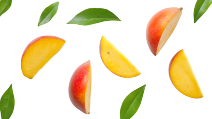 mango slices and fresh green leaves artfully arranged for a refreshing tropical aesthetic, perfect for culinary and design projects,isolated on white background.
