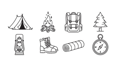 Outdoor camping gear icons collection for adventure and travel themes vector