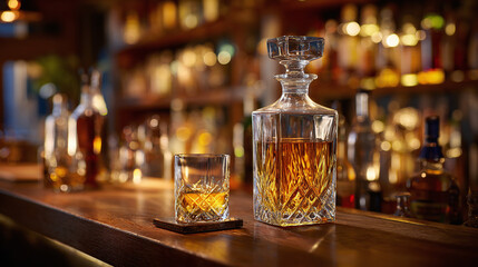 Elegant decanter and glass of golden liquor on bar, creating a sophisticated, warm ambiance for relaxation and indulgence. Perfect for lifestyle or bar scene.