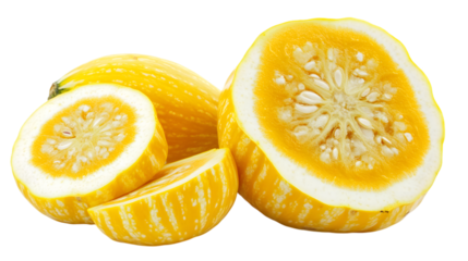 Vibrant yellow ornamental gourds sliced to reveal textured interior, perfect for autumn harvest themes and decorative displays,isolated on white background.
