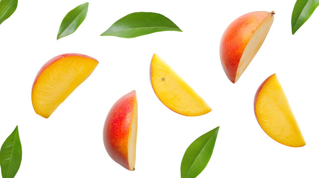 Fresh Orange Fruit Slices with Green Leaves Isolated on White Background