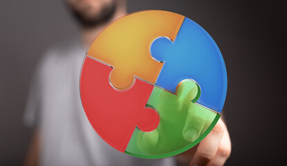 Image of puzzle pieces representing teamwork, collaboration, and problem-solving. Ideal for...