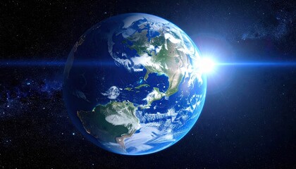 Obraz premium Blue Earth Globe Rotating in Space with City Lights and Bright Sun Flare