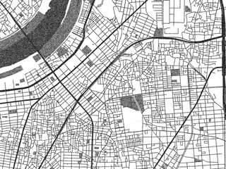 Obraz premium Illustrated city map of Moriguchi, Japan, in black and white, showing roads and textures.