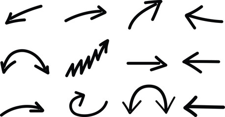 Set of simple hand drawn black arrows in various styles doodle line arrows collection.
