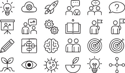 Business innovation line art icons set with leadership teamwork and corporate strategy illustrations