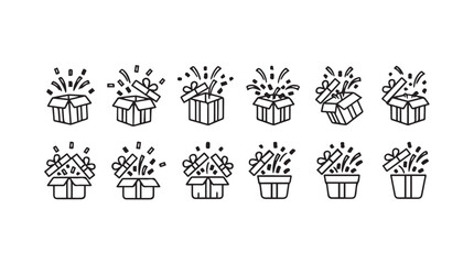 Set of 10 hand-drawn gift boxes with confetti explosions celebrating joy and surprise vector