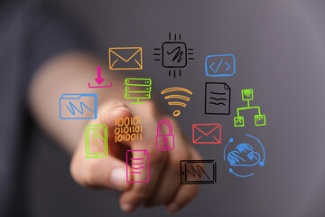 Hand pointing at digital icons,network, data, cloud, security, communication, technology, internet.