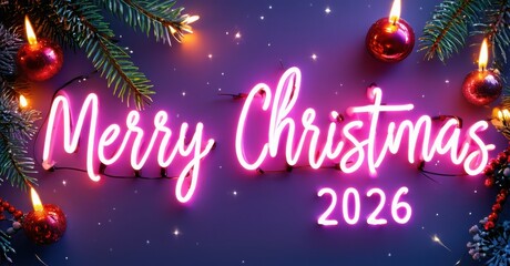 Fototapeta premium Bright neon sign displays Merry Christmas 2026. Festive decorations include pine branches, red ornaments, glowing lights. Purple background enhances holiday spirit.