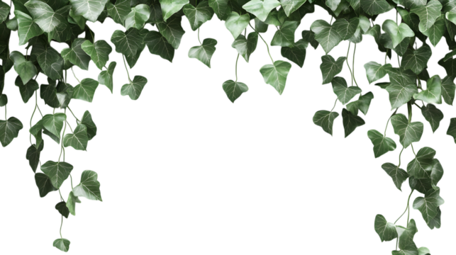Lush green ivy vines cascade gracefully, creating a natural, elegant border perfect for organic designs and sophisticated branding,isolated on white background.