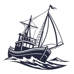 Dark blue fishing boat sailing on waves ocean