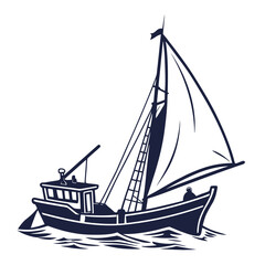 Dark blue fishing boat sailing on waves water ocean