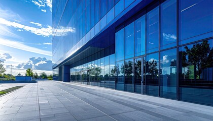 Blue Glass Corporate Tower Exterior Under Sunlight With Cloud Reflection on Windows and Blue Sky