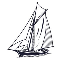 Dark blue sailboat with full sails on white background