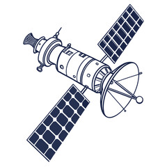 Dark blue satellite with solar panels and dish space 2