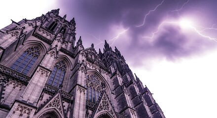Gothic cathedral architecture under a dramatic stormy sky with lightning strikes
