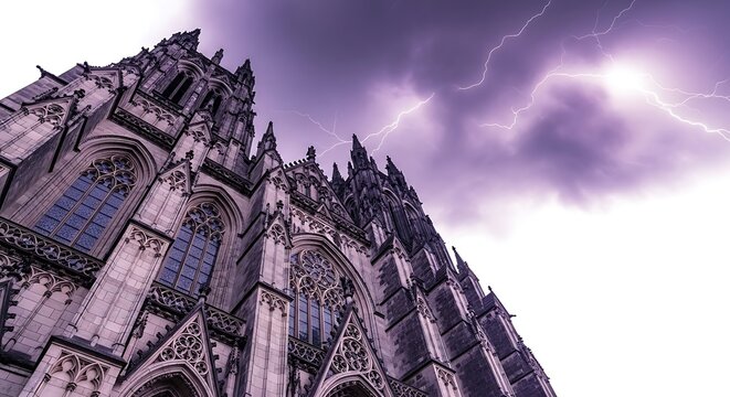 Gothic cathedral architecture under a dramatic stormy sky with lightning strikes