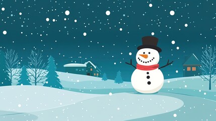 Fototapeta premium A cheerful snowman stands in a snowy landscape, surrounded by trees and cozy houses, set against a starry night sky.