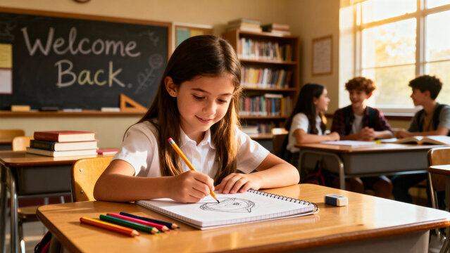 Schoolgirl drawing with pencil in classroom on first day back to school
