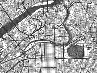Obraz premium Illustrated city map of Osaka City Center, Japan, in black and white, showing roads and textures.