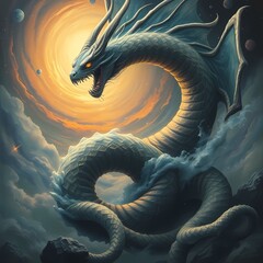 The Dream-Serpent DEVOURING stillness, exhaling hurricanes of materialized nightmares and nebulae of sleeping potential. Oneiric Terrorform Painting