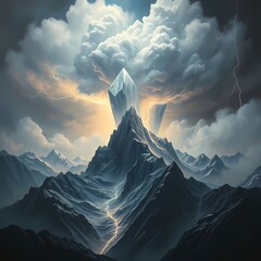 Crystalline titan weaves storm clouds into sentient lightning beings across floating mountain peaks, dramatic chiaroscuro oil painting style